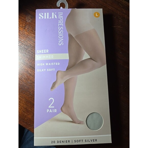 Silk Impressions Shimmer Sheer Hose 2 Pair 20 Denier Soft Silver Size Large - Picture 1 of 2